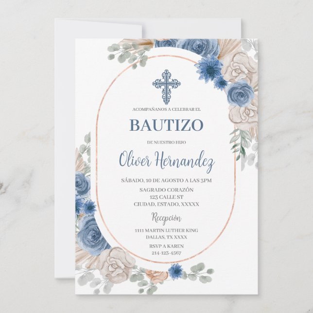 Blue Blommigt Bautizo Spansk inbjudan (Framsida)