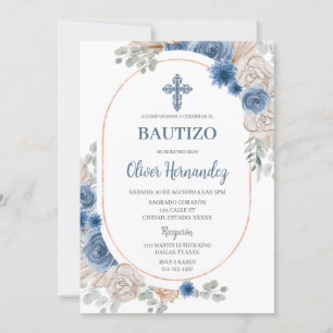 Blue Blommigt Bautizo Spansk inbjudan