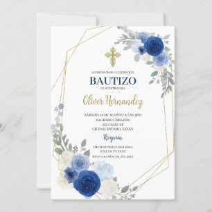 Blue Blommigt Bautizo Spansk inbjudan