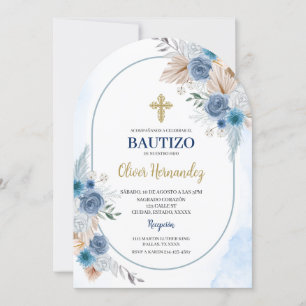 Blue Blommigt Bautizo Spansk inbjudan