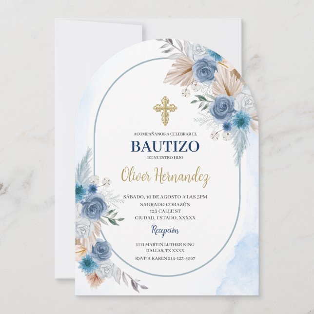 Blue Blommigt Bautizo Spansk inbjudan (Framsida)