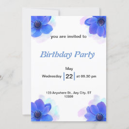 Blue Blommigt Birthday med Pastel Watercolor Inbjudningar