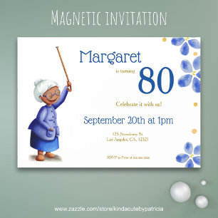 Blue Blommigt Black Grandmor 80 Birthday Magnetisk Inbjudningskort