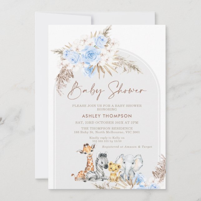 Blue Blommigt Boho Arch Safari Baby Shower Inbjudningar (Framsida)