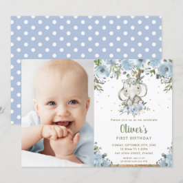 Blue Blommigt Boho Elephant Boy 1 Birthday Photo Inbjudningar