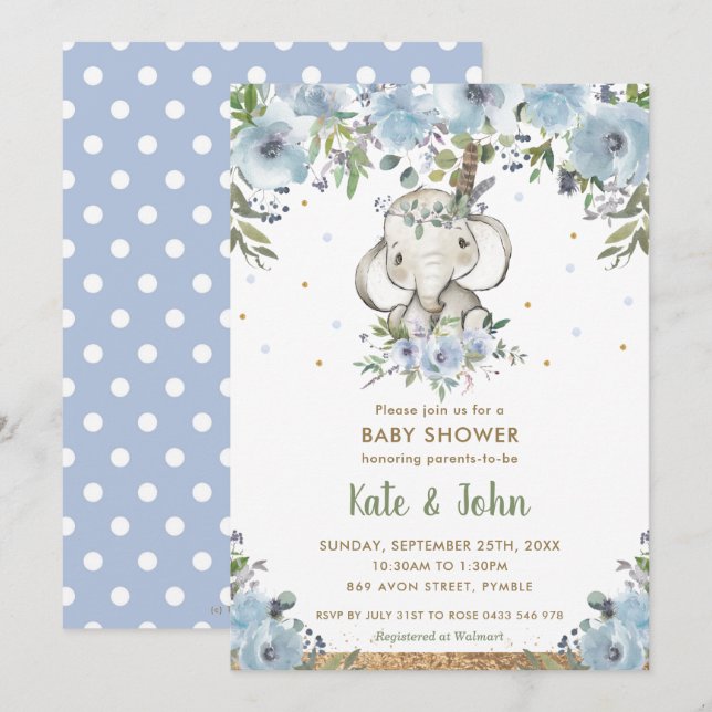 Blue Blommigt Boho Tribal Elephant Boy Shower Inbjudningar (Fram/baksida)