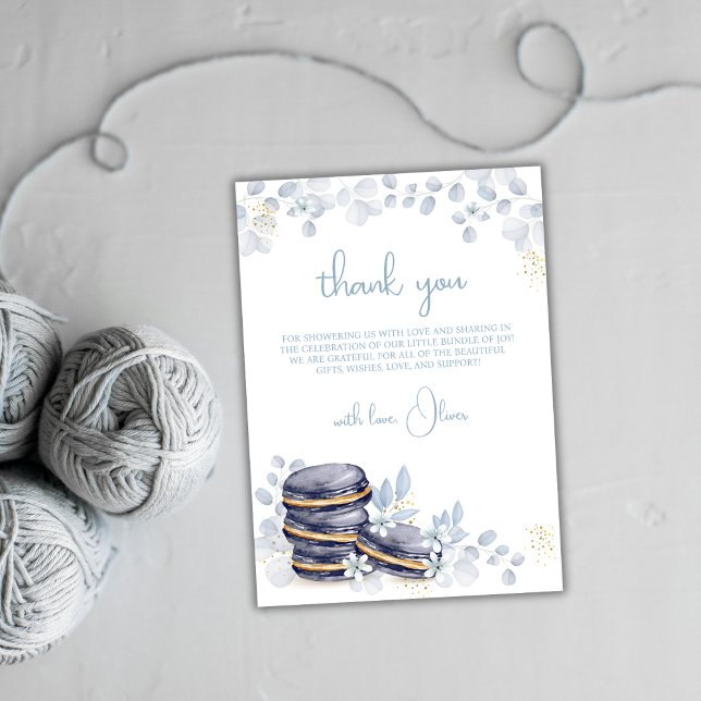 Blue Blommigt Bonjour Bébé Macaron Baby Shower Tack Kort (Blue Floral Bonjour Bébé Macaron Baby Shower Thank You Card)
