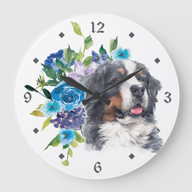 Blue Blommigt Bouquet Bernese Mountain Hund Stor Klocka (Framsida)