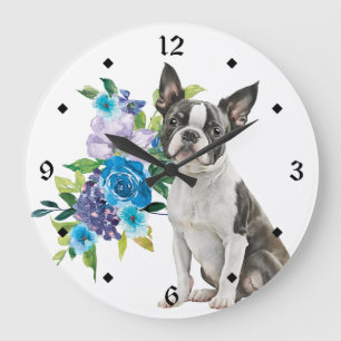 Blue Blommigt Bouquet Boston Terrier Hund Stor Klocka