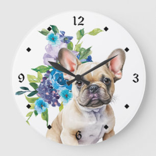Blue Blommigt Bouquet Fransk Bulldog Stor Klocka