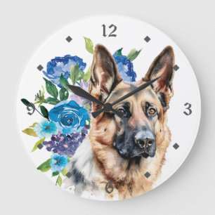 Blue Blommigt Bouquet German Shepherd Hund Stor Klocka