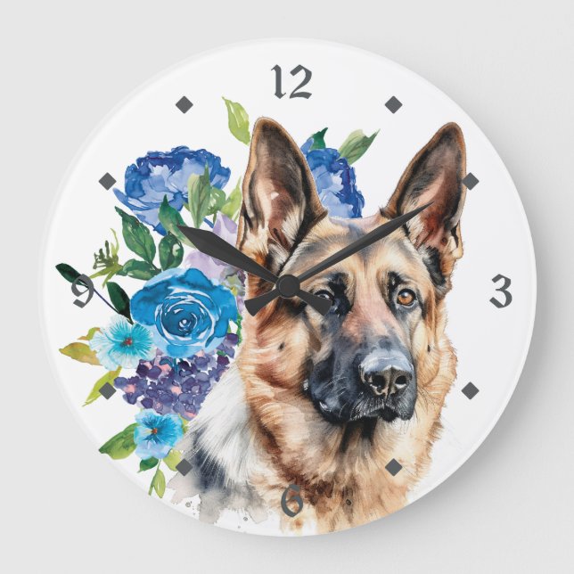 Blue Blommigt Bouquet German Shepherd Hund Stor Klocka (Framsida)