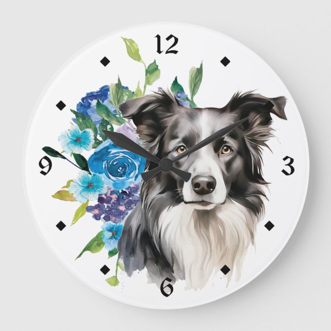 Blue Blommigt Bouquet Gräns Collie Hund Stor Klocka (Framsida)