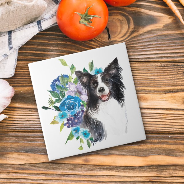Blue Blommigt Bouquet Gräns Collie Kakelplatta (Skapare uppladdad)