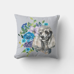 Blue Blommigt Bouquet Grått Pudel Hund Kudde