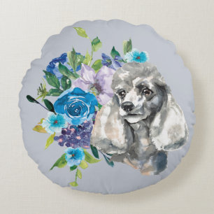 Blue Blommigt Bouquet Grått Pudel Rund Kudde
