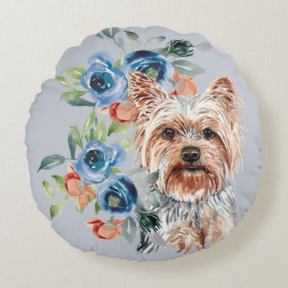 Blue Blommigt Bouquet Yorkshire Terrier Rund Kudde