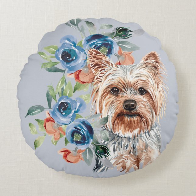 Blue Blommigt Bouquet Yorkshire Terrier Rund Kudde (Framsidan)