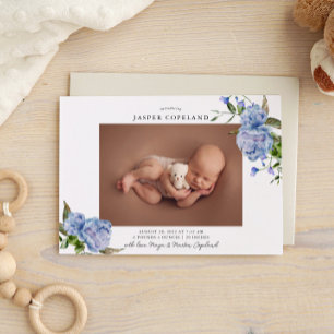 Blue Blommigt Boy Baby Photo Birth Notice Meddelande