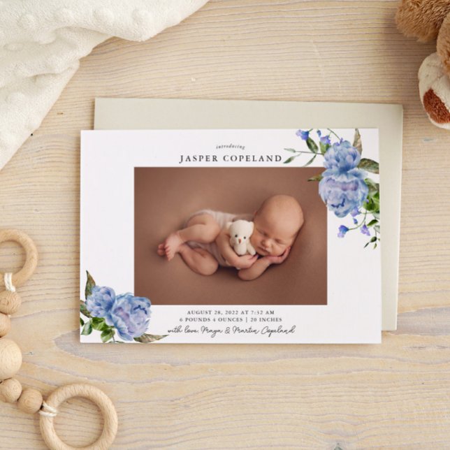 Blue Blommigt Boy Baby Photo Birth Notice Meddelande (Skapare uppladdad)