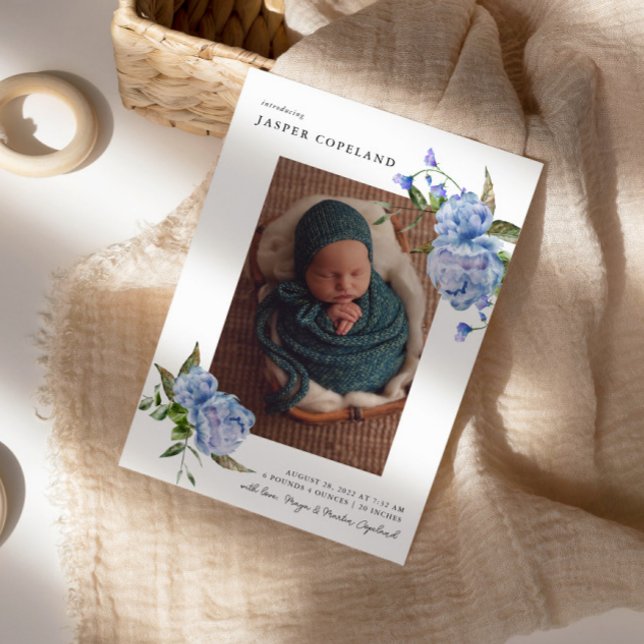 Blue Blommigt Boy Baby Photo Birth Notice Meddelande (Skapare uppladdad)
