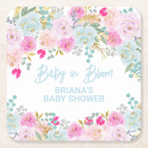 Blue Blommigt Boy Baby Shower Underlägg Papper Kvadrat