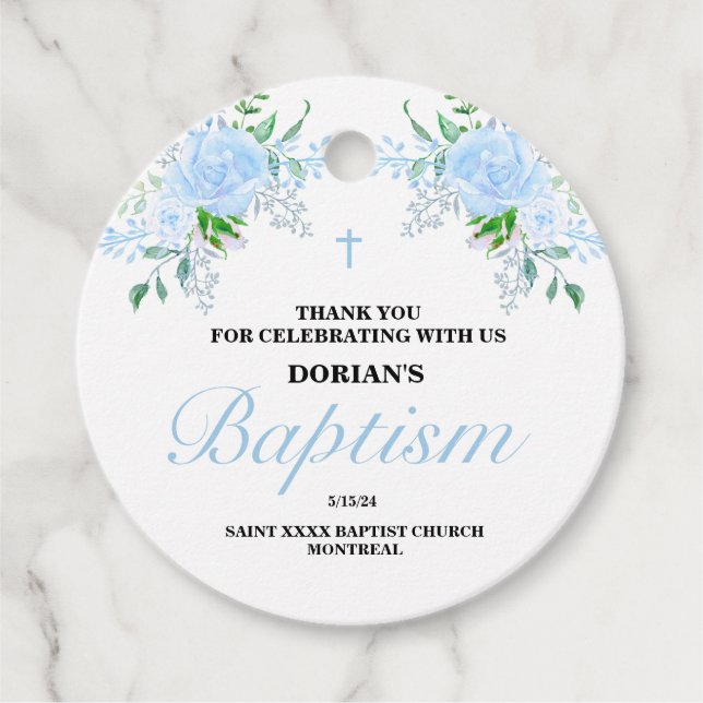 Blue Blommigt Boy Baptism Gåvor Etiketter (Framsida)