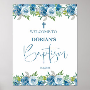 Blue Blommigt Boy Baptism Poster