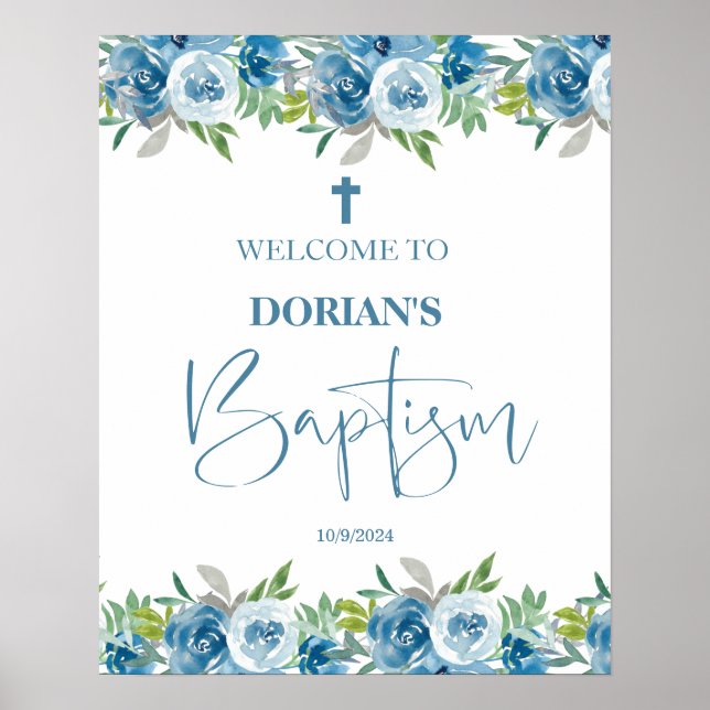 Blue Blommigt Boy Baptism Poster (Framsidan)