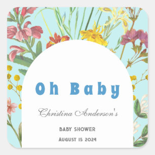 Blue Blommigt Boy Elegant Square Baby Shower Fyrkantigt Klistermärke