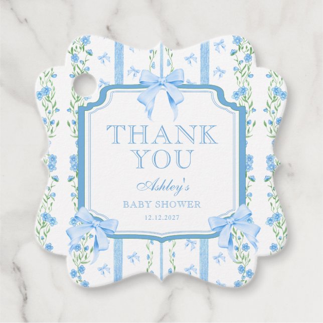Blue Blommigt Boy Shower Tack Gåvor Etiketter (Framsida)