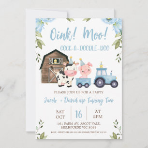 Blue Blommigt Boy Twillingars Barn Tractor Farm Bi Inbjudningar