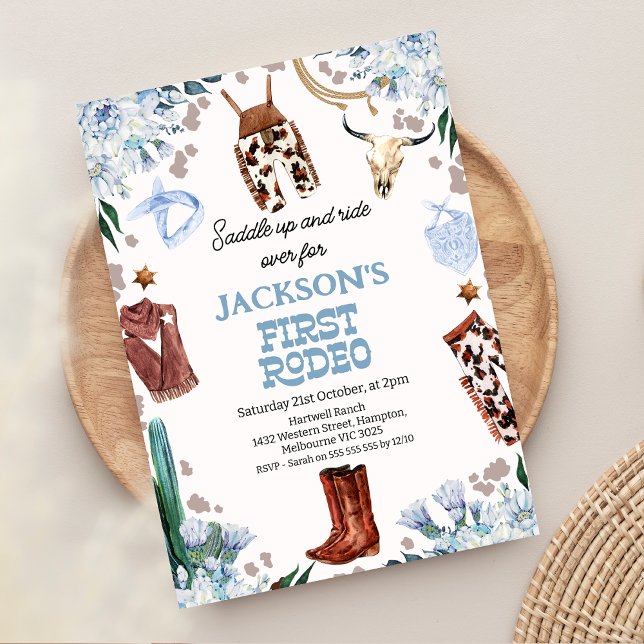 Blue Blommigt Boys First rodeo 1:a födelsedag Inbjudningar (Boy First Rodeo 1st Birthday Invitation, Blue Floral Cowboy 1st Birthday Invitation, Western Themed)