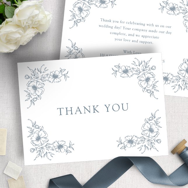 Blue Blommigt Bröllop Tack Kort (Blue Floral Wedding Thank You Card
)