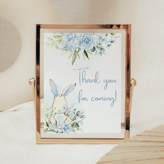 Blue Blommigt Bunny Rabbit Baby Tack för att du ko Poster (A Little Bunny Boy Baby Shower Thank you for Coming Sign)