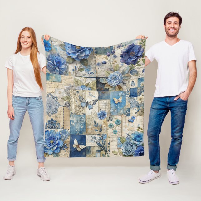Blue Blommigt & Butterfly Patchwork Quilt Mönster Fleecefilt (På plats)