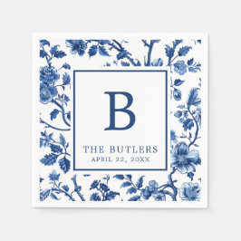 Blue Blommigt Chinoiserie Bröllop Cocktail Napkins Pappersservett