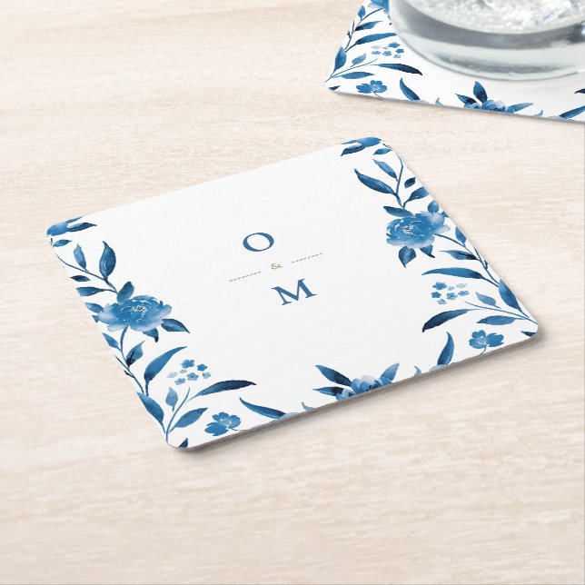 Blue blommigt Chinoiserie Bröllop monogram Underlägg Papper Kvadrat (Vinklad)