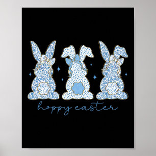 Blue Blommigt Chinoiserie Glad påsk Three Bunny C Poster