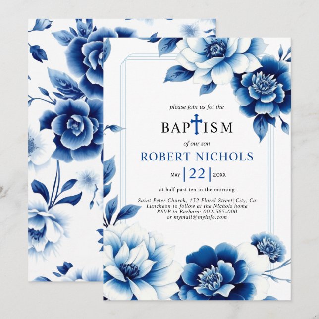 Blue blommigt Chinoiserie med tre gräns-baptism Inbjudningar (Fram/baksida)