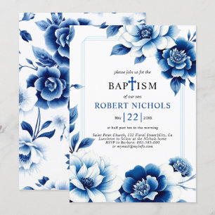 Blue blommigt Chinoiserie med tre gräns-baptism Inbjudningar
