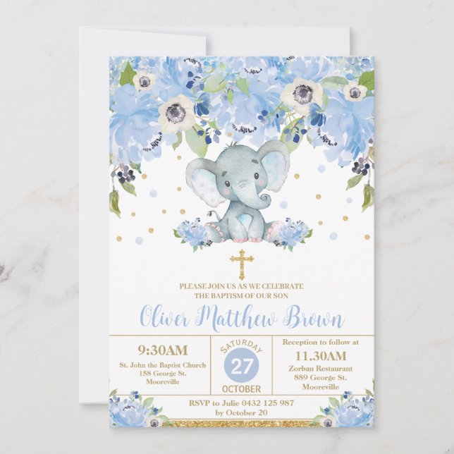 Blue Blommigt Cute Elephant Baptism Christening Inbjudningar (Framsida)
