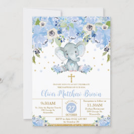 Blue Blommigt Cute Elephant Baptism Christening Inbjudningar