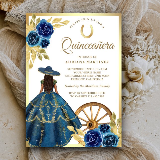 Blue Blommigt Dress Charro Westernare Guld Quincea Inbjudningar (Skapare uppladdad)