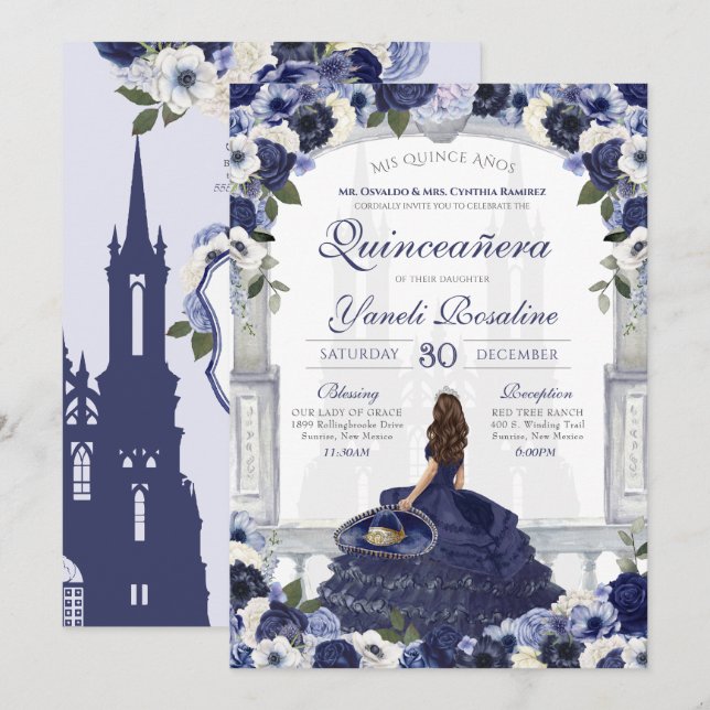 Blue Blommigt Elegant Charro Princess Quinceanera Inbjudningar (Fram/baksida)