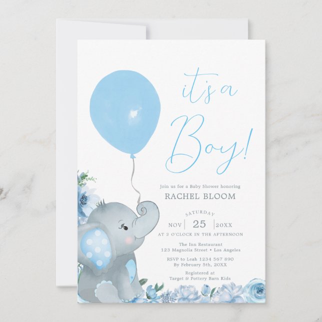 Blue Blommigt Elephant Boy Baby Shower Inbjudningar (Framsida)
