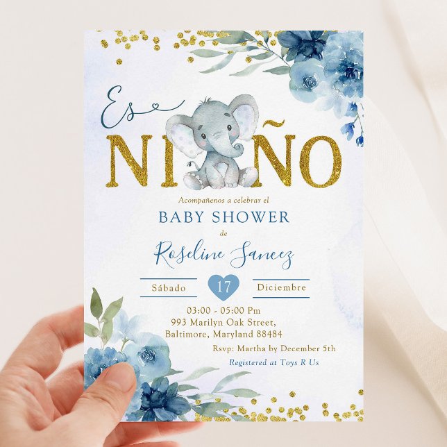 Blue Blommigt Elephant Es niñ o Boy Baby Shower Inbjudningar (Skapare uppladdad)