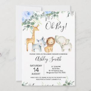 Blue Blommigt Eucalyptus Cute Safari Baby Shower Inbjudningar