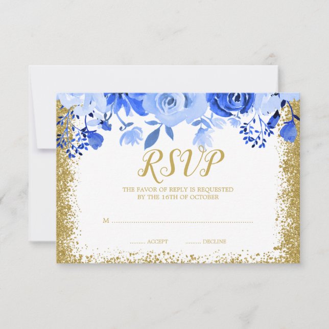 Blue Blommigt Faux Guld Glitter Quinceanera OSA Kort (Framsida)