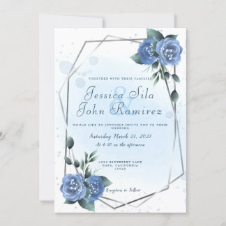 Blue Blommigt Faux Silver Foil Vatten Färg Inbjudningar